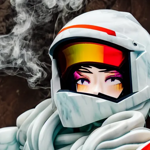 Image similar to beautifully lit extreme close up photo of a white marble statue of an anime girl with colorful motocross logos and motorcycle helmet with closed visor, colorful smoke in the background, carved marble statue, fine art, neon genesis evangelion, virgil abloh, offwhite, denoise, highly detailed, 8 k, hyperreal