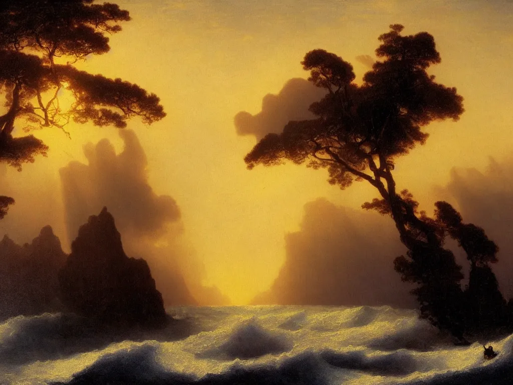 Prompt: Island at the edge of the universe, Kauai, Sunlight Study, by Albert Bierstadt and Ivan Aivazovsky, Art Nouveau, 8k