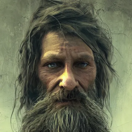 Image similar to homeless man hobo with long beard in asylum, hyper detailed, digital art, trending in artstation, cinematic lighting, studio quality, smooth render, unreal engine 5 rendered, octane rendered, art style by klimt and nixeu and ian sprigger and wlop and krenz cushart.