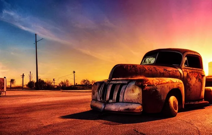 Image similar to a sunset light landscape with historical route 6 6, lots of sparkling details and sun ray ’ s, blinding backlight, smoke, volumetric lighting, colorful, octane, 3 5 mm, abandoned gas station, old rusty pickup - truck, beautiful epic colored reflections, very colorful heavenly, softlight