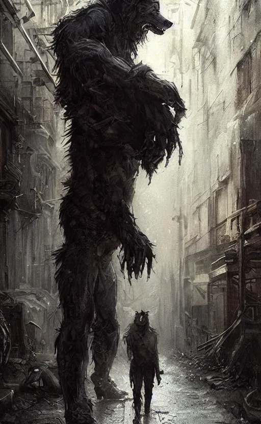 Prompt: hyperrealistic, Portrait of a werewolf in a dark alley, torn clothing, fantasy, urban, highly detailed, cinematic lighting, digital art painting by greg rutkowski