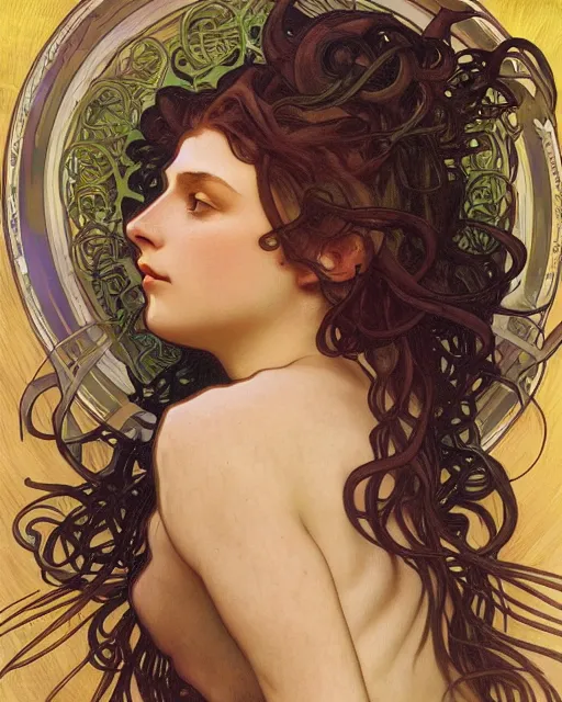 Image similar to side profile portrait of Medusa by Alphonse mucha, art nouveau, oil on canvas, wisps, snakes, foliage, lush, cinematic composition, cinematic concept art, volumetric lighting, high octane render, unreal engine, high detail, realism, hyper-real