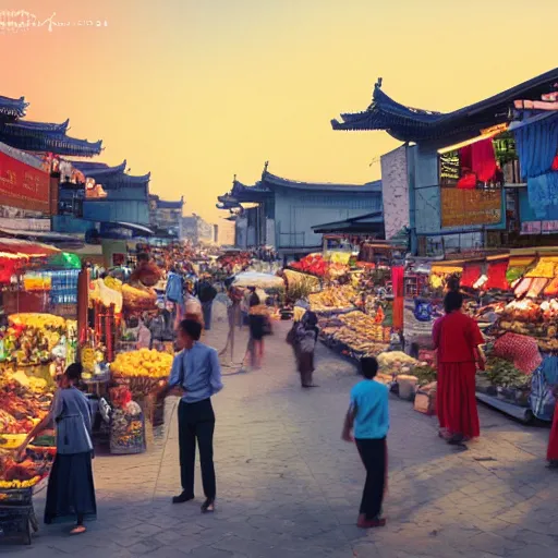 Image similar to an immaculate digital matte painting placid asian street market scene at dusk.