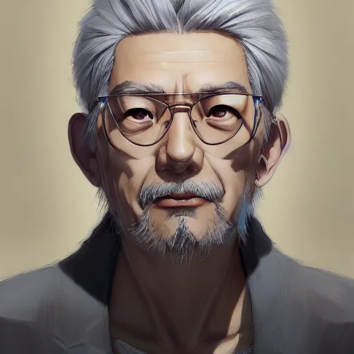 Image similar to anime portrait of a middle aged man, gray hair by Stanley Artgerm Lau, WLOP, Rossdraws, James Jean, Andrei Riabovitchev, Marc Simonetti, and Sakimichan, trending on artstation