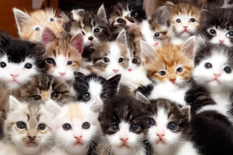 Prompt: a living room full of cute kittens that are all sitting positioned directly at the camera and all of the kittens are looking directly into the camera