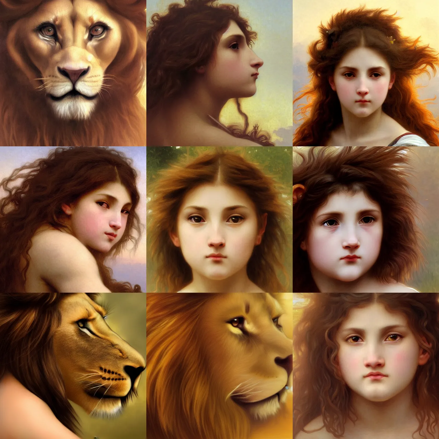Prompt: close up of brunette angry lion girl. Art by William-Adolphe Bouguereau. During golden hour. Extremely detailed. Beautiful. 4K. Award winning.