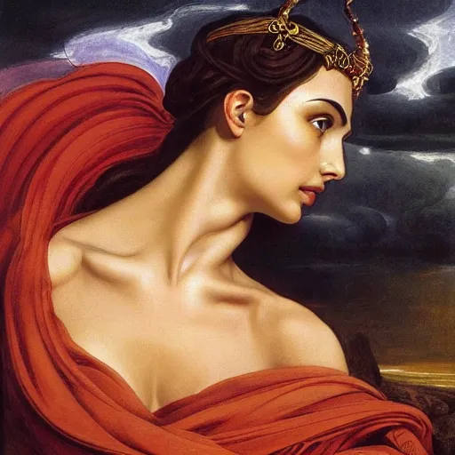 Prompt: Head and shoulders masterpiece oil painting of the beautiful goddess Gal Gadot as hera, she is wearing roman clothes and a surreal jewelry, her hair is natural disheveled, she is approaching heaven over the clouds, naturalism, dramatic lighting, high-detailed oil painting by Ilya Repin, Michelangelo da Caravaggio, William Blake, Alex Grey and Beksinski, trending on Artsation, hystorical painting, naturalism, masterpiece, 4k, 8k,