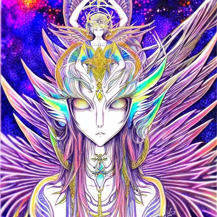 Image similar to stylized art of an psychedelic angelic celestial being by yoshitaka amano, trending on pixiv, anime style, winged head, white gold skin, ayahuasca, sacred geometry, esoteric art, watercolor