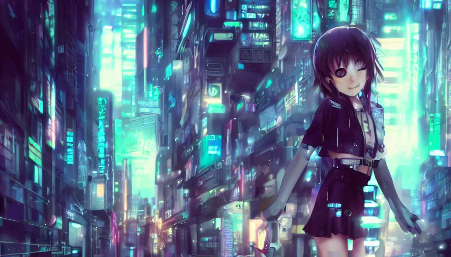 Image similar to cute anime girl in a cyberpunk city by wlop, detailed eyes, heterochromia, closeup, short minidress, light clothing, light rain, hyper real, detailed digital art, hatsune miku, photorealistic