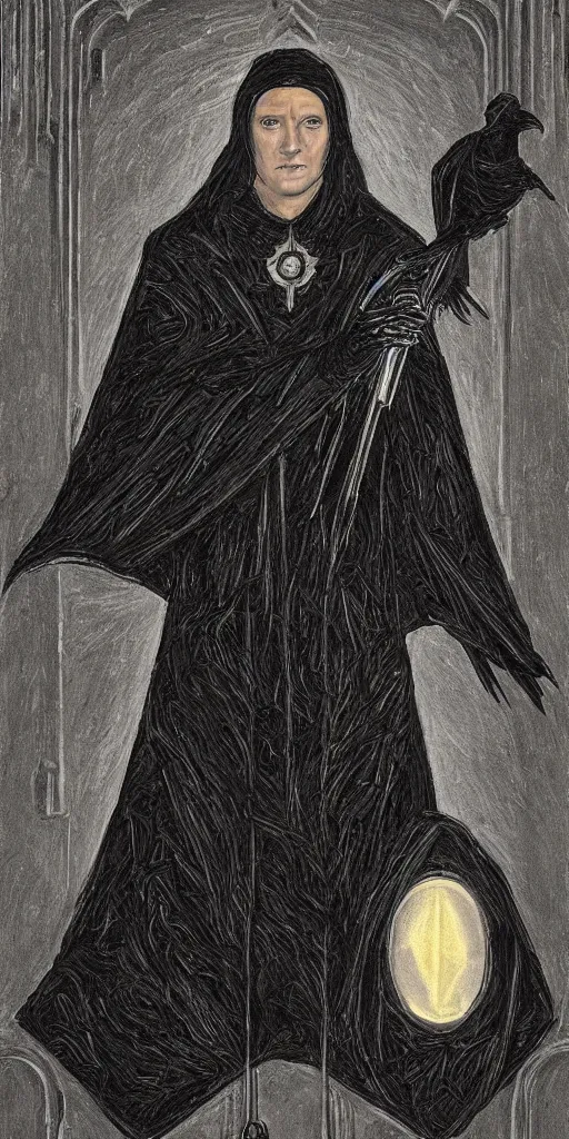 Image similar to portrait of a raven in a vantablack cloak and holding a symbolic weapon. portrait hung up in a windows 9 8 castle. r / oldschoolfantasy