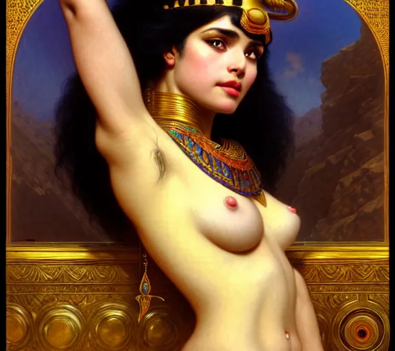 Prompt: photography of sensual cleopatra with hands - up and hairy armpits, deep focus, intricate, elegant, highly detailed, digital painting, artstation, concept art, matte, sharp focus, illustration, art by artgerm and greg rutkowski and alphonse mucha and gil elvgren