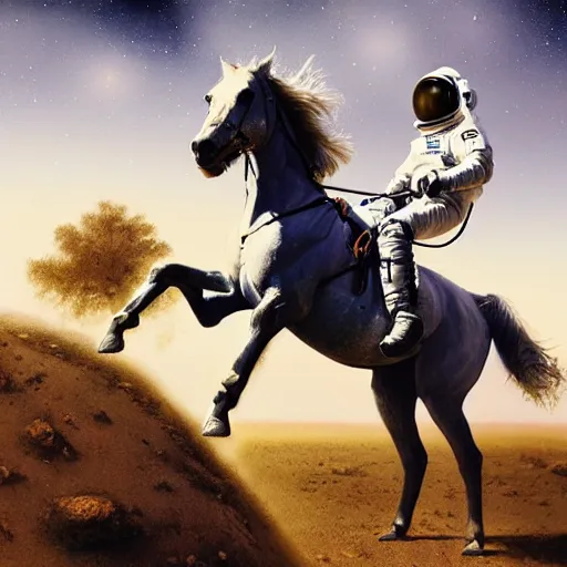 Prompt: a horse on top of a man, an astronaut carrying a horse, hyperrealism, no blur, 4 k resolution, ultra detailed, style of ron cobb, adolf hiremy - hirschl, syd mead, ismail inceoglu, rene margitte