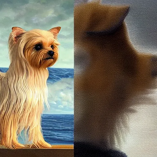 Prompt: Elle Fanning at sea holding a Yorkshire Terrier in the style of Lady with an Ermine, head and shoulders portrait, stormy weather, extremely detailed masterpiece, oil on canvas, low-key neon lighting, artstation, Blade Runner 2049, Roger Deakin’s cinematography, by J. C. Leyendecker and Peter Paul Rubens and Edward Hopper and Michael Sowa,