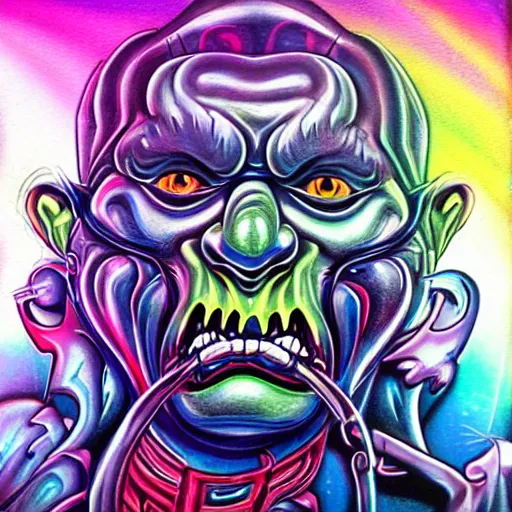 Image similar to stylized psychedelic airbrush art of an orc on a motorcycle