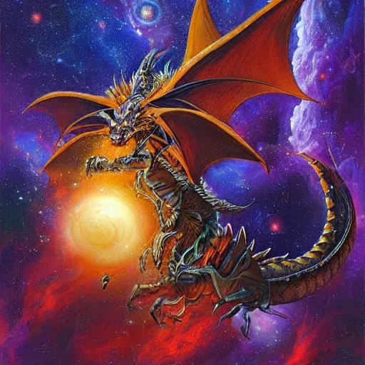 Prompt: A beautiful conceptual art of a dragon in space by Justin Gerard. The dragon is in the foreground with its mouth open, revealing rows of sharp teeth. Its body is coiled and ready to strike, and its tail is wrapped around a star in the background. The colors are bright and the background is full of stars and galaxies. The overall effect is one of chaotic energy and movement. stonepunk, catholicpunk by Anders Zorn ornate