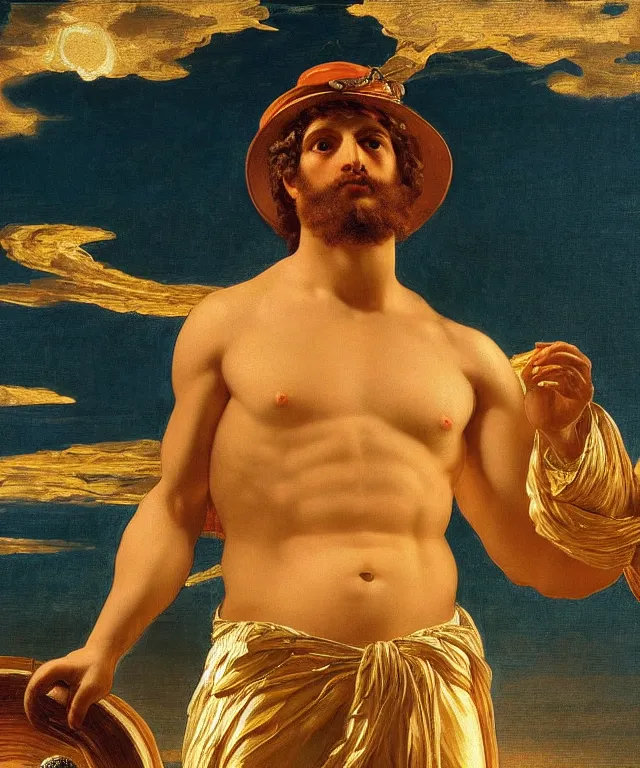 Image similar to a beautifully high detail, intricate, clear detailed portrait of a close up of zeus with an construction hat golden in teal curtain at beautiful sunset daytime nature sunlit nebula background painting by frederic leighton and rosetti, 8 k