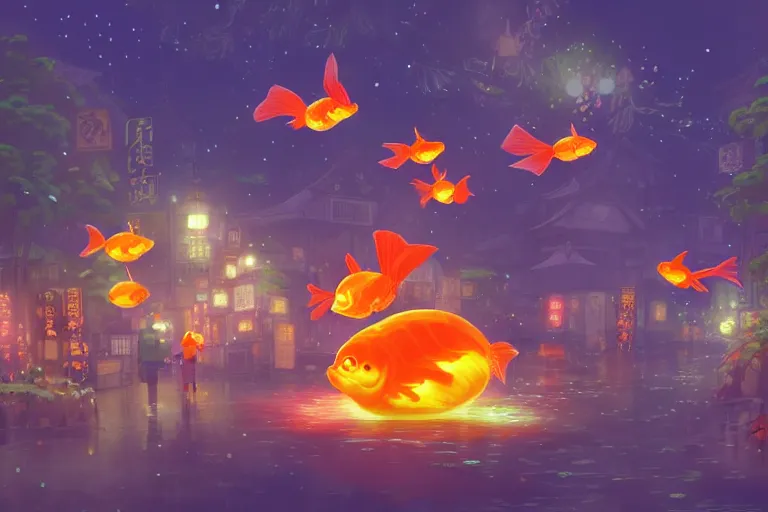 Image similar to fantasy art of glowing goldfish swimming in the air, in the streets of a japanese town at night, with people watching in wonder, in the style of studio ghibli and makoto shinkai, highly detailed digital art, trending on artstation