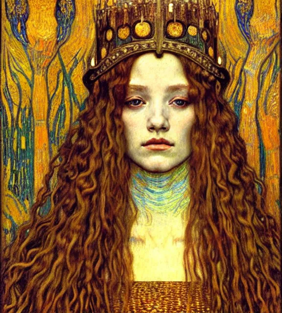 Image similar to detailed realistic beautiful young medieval queen face portrait by jean delville, gustav klimt and vincent van gogh, art nouveau, symbolist, visionary, gothic, pre - raphaelite, muted earthy colors, desaturated