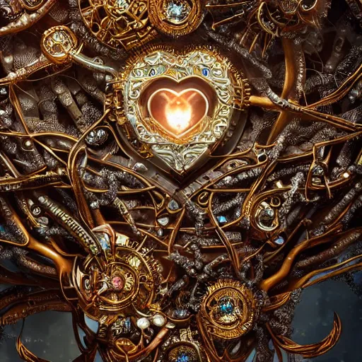 Prompt: biocomputer heart in intricate jewels and intricate branches, on an epic oroboros, behind a large and detailed sculpted astrolabe, inside a cave with biomechanical flowers, dramatic atmosphere, Diffused lighting, highly detailed , trending on artstation, depth of field