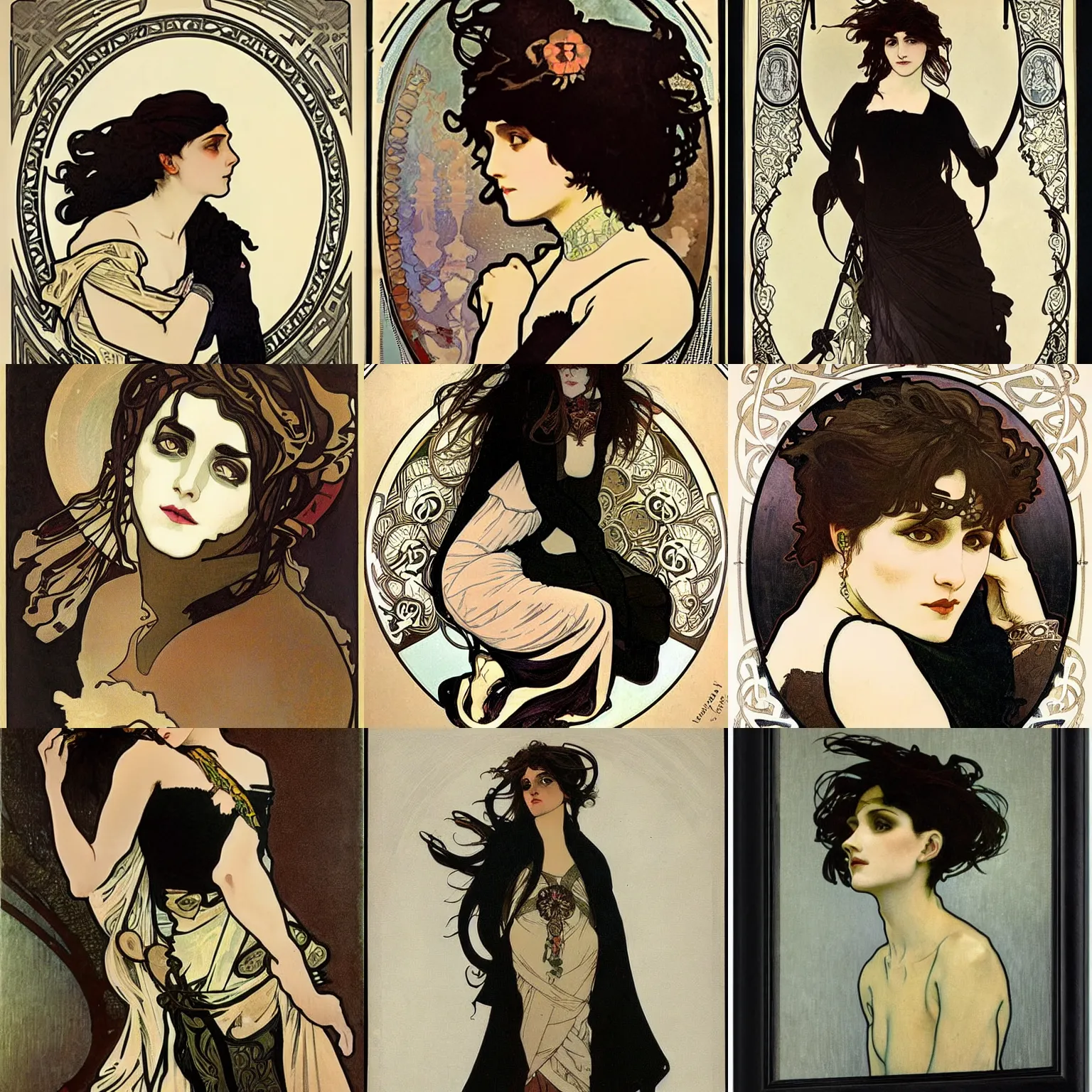 Prompt: an emo by alphonse mucha. her hair is dark brown and cut into a short, messy pixie cut. she has large entirely - black eyes. she is wearing a black tank top, a black leather jacket, a black knee - length skirt, a black choker, and black leather boots.