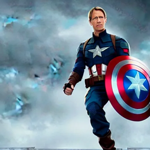 Prompt: “A still of Tony Hawk as Captain America in the film Captain America: The First Avenger, high definition”