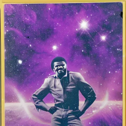 Prompt: Billy Preston (1974) in space in front of a purple nebula