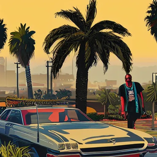 Prompt: Snoop Dogg in GTA V. Los Santos in the background, palm trees. In the art style of Stephen Bliss.