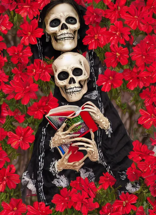 Prompt: mexican masterpiece of a skull faced Santa muerte with a book in her hand and surrounded by red flowers and ak45 as offers,+ no crop, visionary art, extremely high detail, realistic, octane render, post processed,