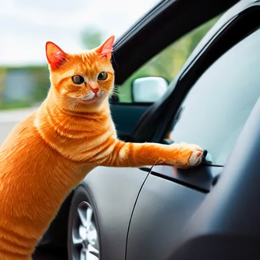 Image similar to an orange tabby cat driving a car