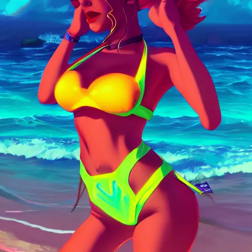 Image similar to neon bikini woman in the ocean | hyperrealistic digital painting by makoto shinkai, ilya kuvshinov, lois van baarle, rossdraws | afrofuturism in the style of hearthstone and overwatch, trending on artstation