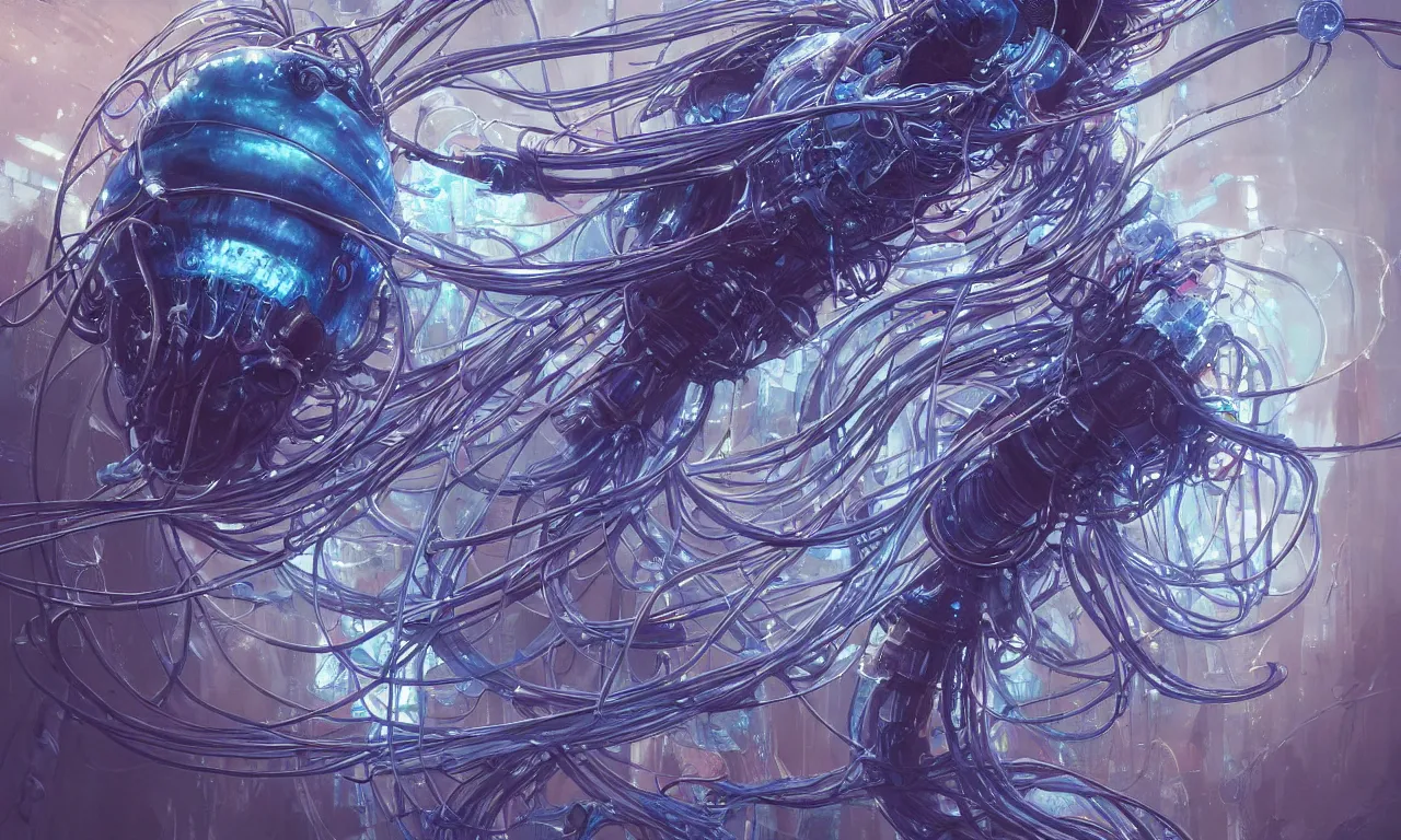 Prompt: a hyper detailed painting of a cyberpunk jellyfish, cables everywhere, blue tones, underwater, 16 mm, highly detailed, digital painting, artstation, concept art, smooth, sharp focus, illustration, art by artgerm and greg rutkowski and alphonse mucha