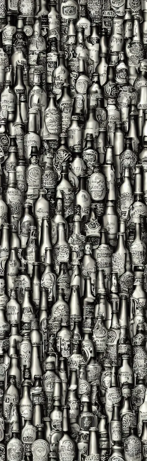 Image similar to repeating pattern of stylized beer bottles, extremely detailed and intricate, monochromatic