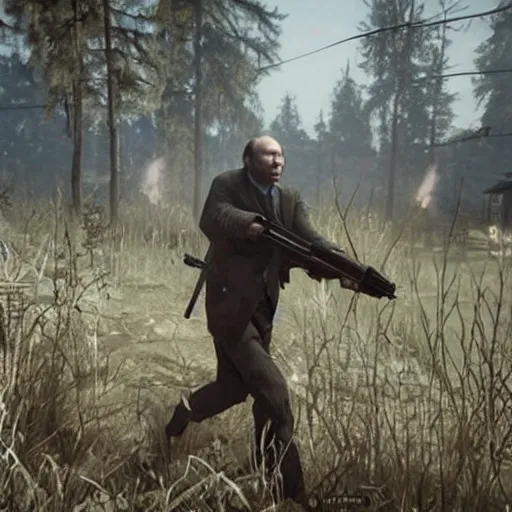 Image similar to vladimir putin running from zombies in hunt showdown