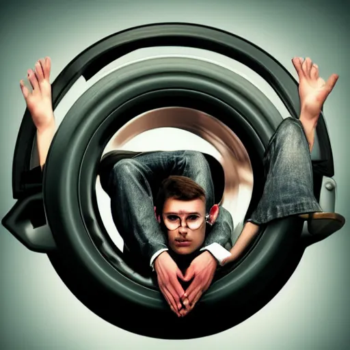 Image similar to man with car wheel on head surreal