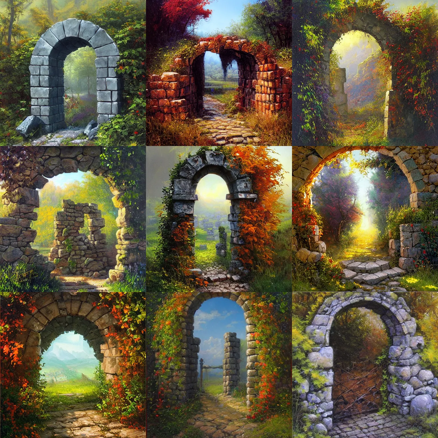 Prompt: colorful Grzegorz greg rutkowski and Mark Keathley impasto!! acrylic painting of the slate stone gateway of a forgotten civilization. vines and creepers, stone etchings