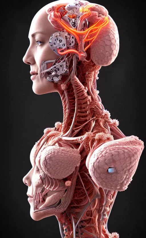 Image similar to 3D render of a beautiful profile face portrait of a female dragon-cyborg, 150 mm, flowers, Mandelbrot fractal, anatomical, flesh, facial muscles, wires, microchip, veins, arteries, full frame, microscopic, elegant, highly detailed, flesh ornate, elegant, high fashion, rim light, octane render in the style of H.R. Giger and David LaChapelle