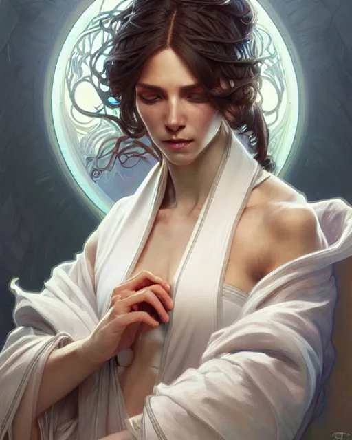 Image similar to a robed precursor species, fantasy character portrait, ultra realistic, intricate, elegant, highly detailed, digital painting, artstaion, smooth, sharp, focus, illustration, art by artgerm and greg rutkowski and alphonse mucha