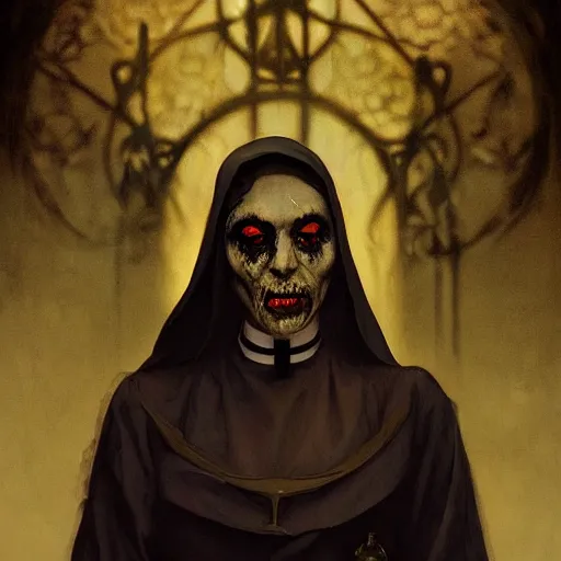 Image similar to A portrait of A zombie nun glowing black by greg rutkowski and alphonse mucha,In style of digital art illustration.Dark Fantasy.darksouls.hyper detailed,smooth, sharp focus,trending on artstation,4k