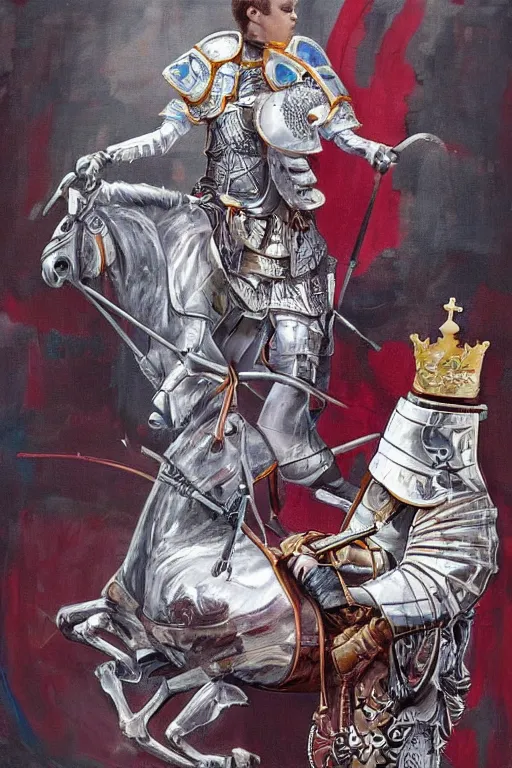 Prompt: a painting of magnus carlsen on a chess knight as king of chess, a surrealist painting by james jean, trending on cgsociety, pop surrealism, androgynous, grotesque, angular