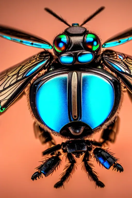 Image similar to high quality macro robot warrior metallic tachinid fly! gorgeous highly detailed hannah yata elson peter cinematic turquoise lighting high quality low angle hd 8k sharp shallow depth of field