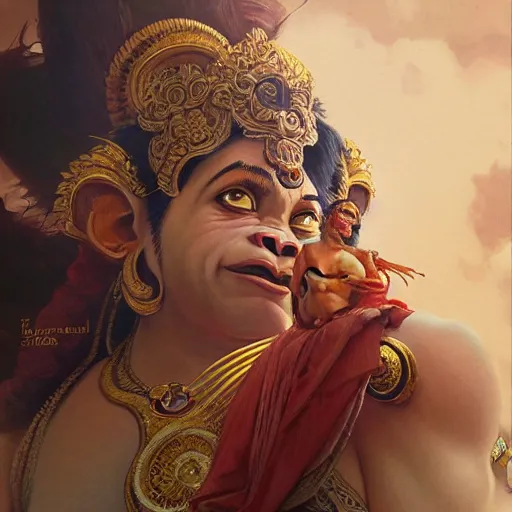 Image similar to ultra realistic illustration, lord hanuman, hindu god, intricate, elegant, highly detailed, digital painting, artstation, concept art, smooth, sharp focus, illustration, art by artgerm and greg rutkowski and alphonse mucha