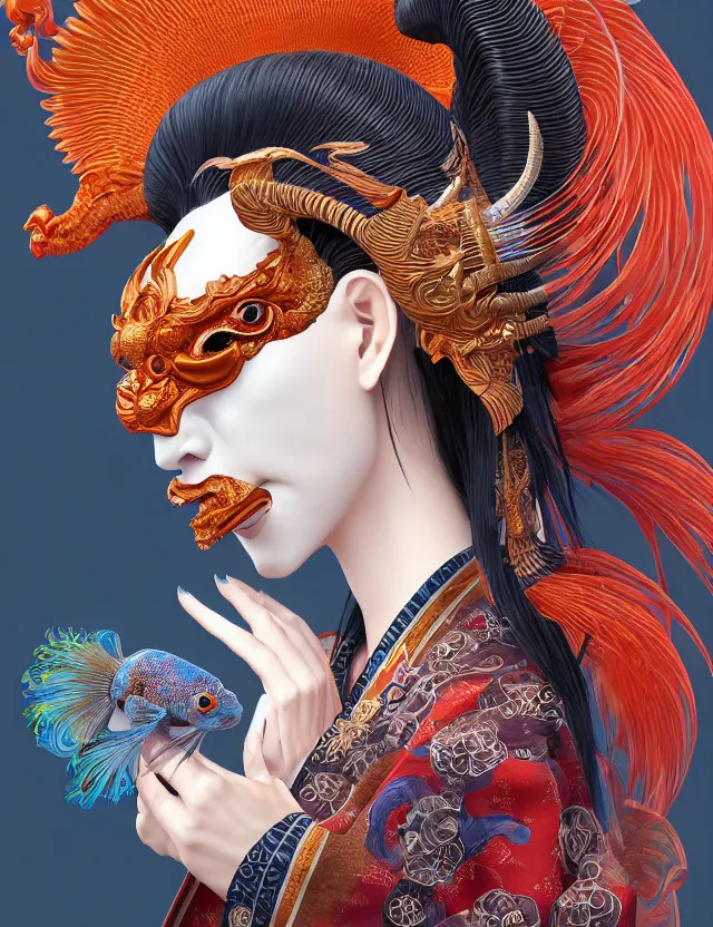 Image similar to 3 d goddess in robe close - up profile portrait with ram skull. beautiful intricately detailed japanese crow kitsune mask and clasical japanese kimono. betta fish, jellyfish phoenix, bio luminescent, plasma, ice, water, wind, creature, artwork by tooth wu and wlop and beeple and greg rutkowski