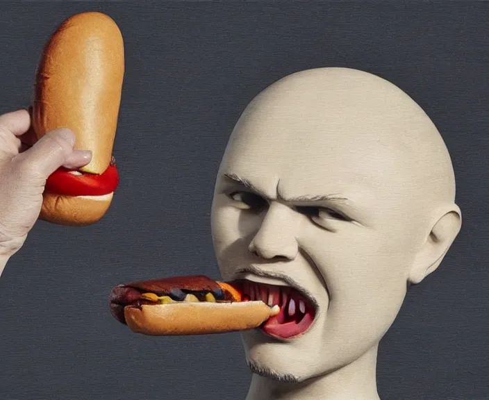 Image similar to a wooden sculpture of billy corgan eating a hotdog, digital art by studio ghibli and greg rutkowski, beautiful, cute, hyperrealism artstyle, amazing lighting