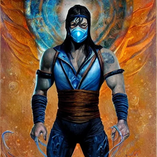 Image similar to Sub Zero (Mortal Kombat), beautiful full body portrait by Karol Bak and jeremiah ketner