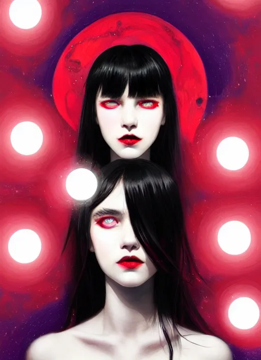 Image similar to portrait of teenage girl, red irises, red eyes, black hair, white bangs, purple lipstick, white bangs, bangs, black hair and white bangs, intricate, elegant, glowing lights, highly detailed, digital painting, artstation, concept art, smooth, sharp focus, illustration, art by wlop, mars ravelo and greg rutkowski