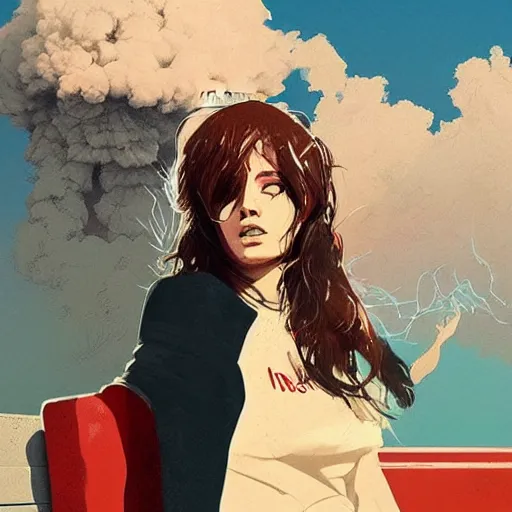 Prompt: girl sitting on a park bench, nuclear explosion in the background, nuclear bomb cloud, by conrad roset, by greg rutkowski, digital art, beautiful face