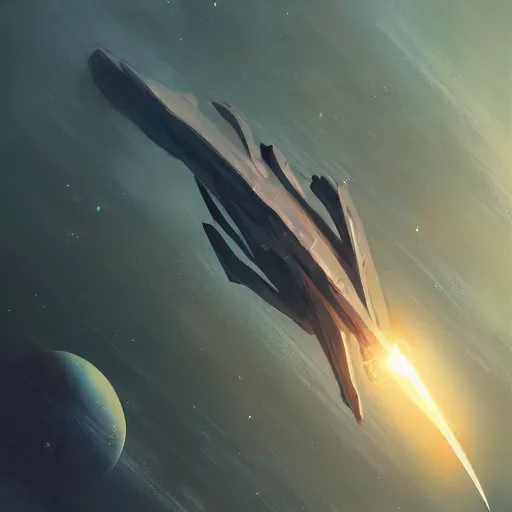 Image similar to concept art of a large space vessel in the shape of an spear flying through the space, scifi, beautiful ilumination, artstation hq