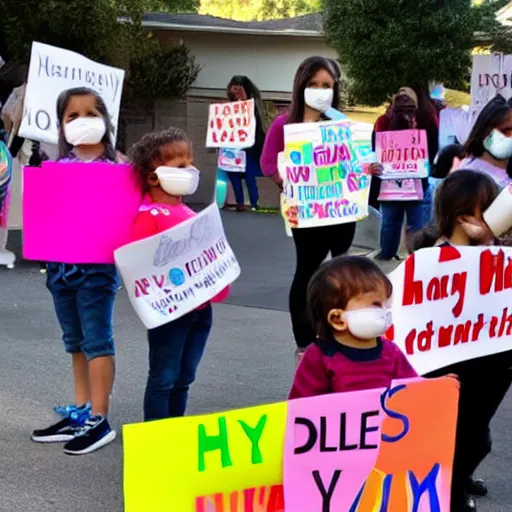 Prompt: babies protesting in front of a daycare center