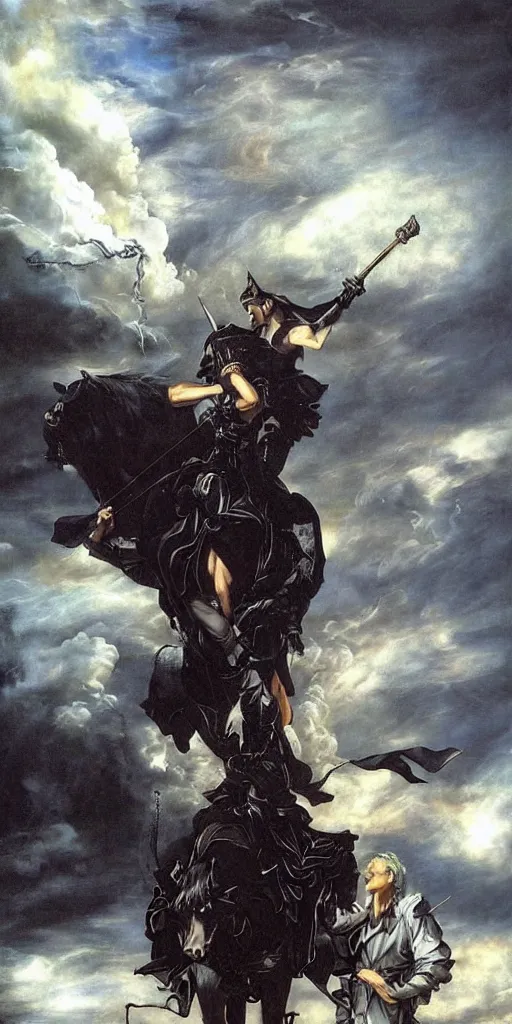 Image similar to spanish police arresting donquixote during a stormcloud with dramatic airbrushed clouds over black background by Luis royo and Caravaggio airbrush fantasy 80s, realistic masterpiece