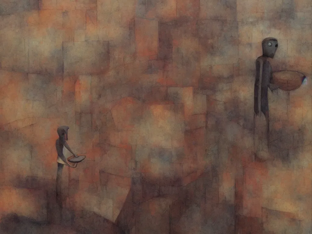 Image similar to portrait of a figure with scenery. painting by shaun tan